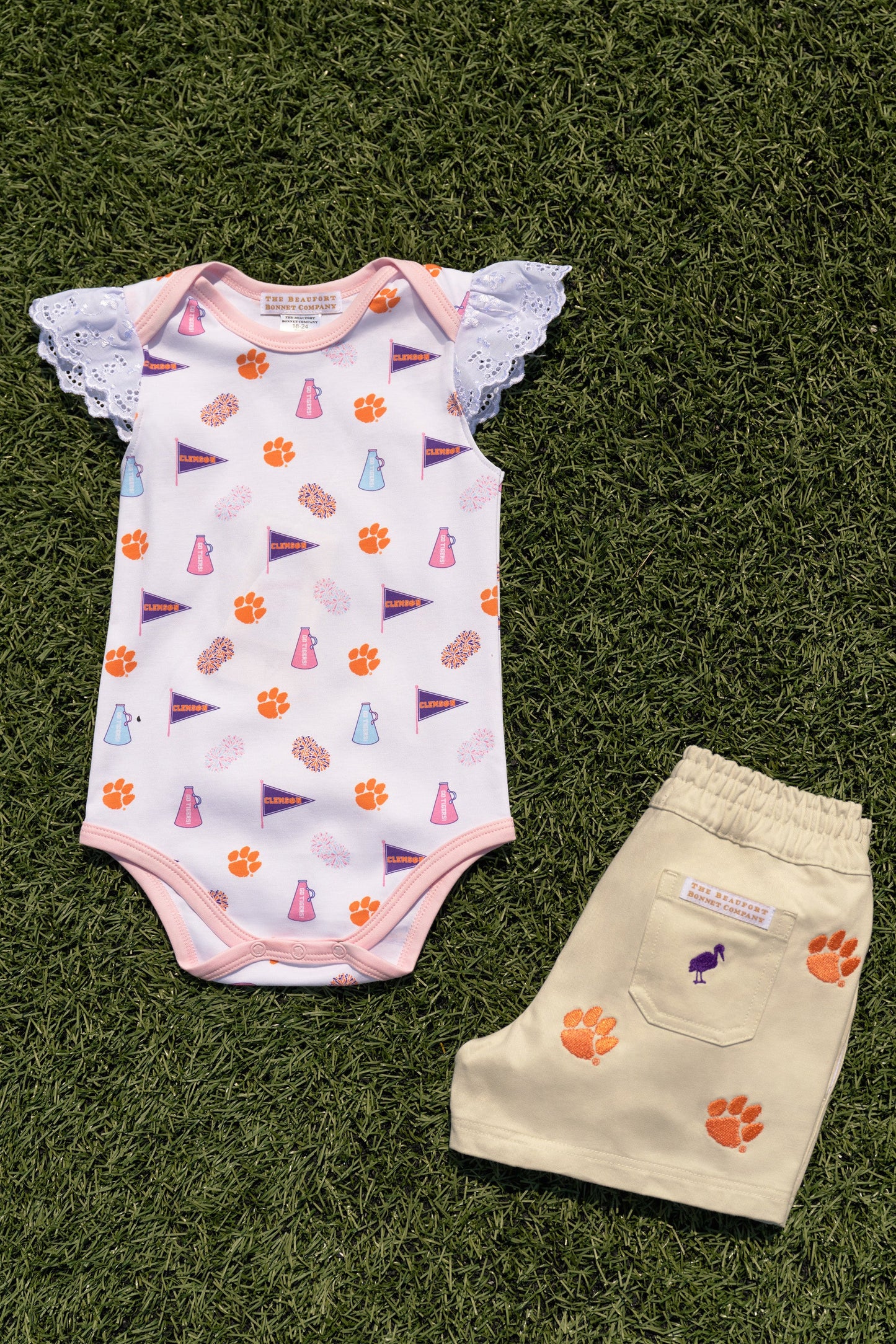 Beaufort Bonnet Clemson Wendy Onesie - Tiger Triumph & Palm Beach Pink