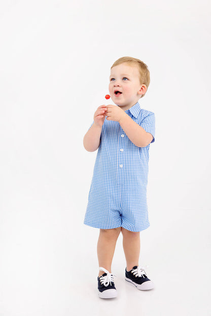 Beaufort Bonnet Sir Proper's Romper - Sunrise Blvd. Blue Mini Gingham