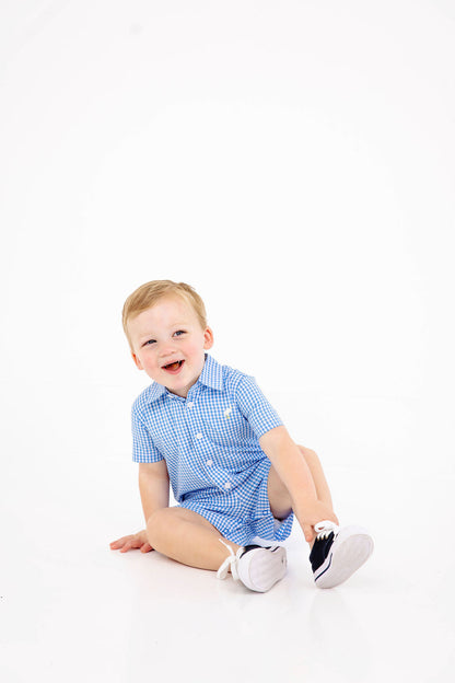 Beaufort Bonnet Sir Proper's Romper - Sunrise Blvd. Blue Mini Gingham