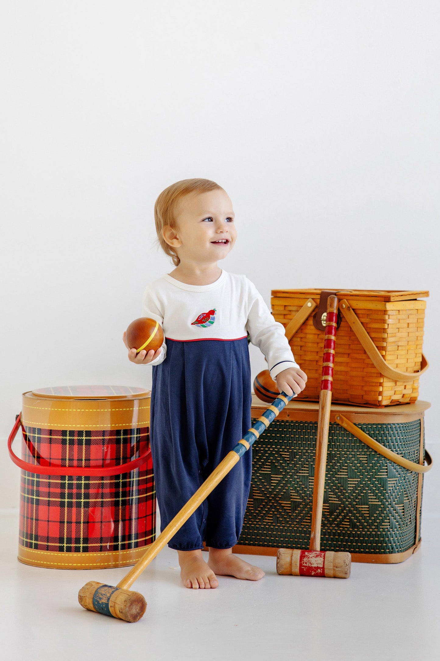 Beaufort Bonnet Long Sleeve Bradford Romper - Palmetto Pearl, Nantucket Navy