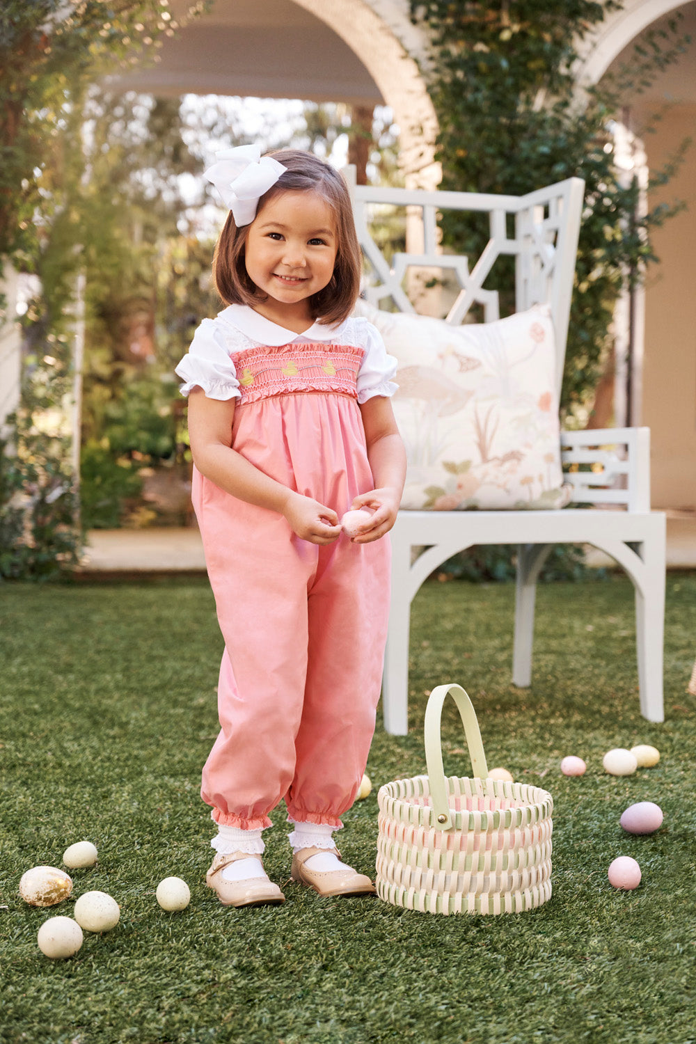 Beaufort Bonnet Ritzy Romper - Sandpearl Pink & Duck Smocking